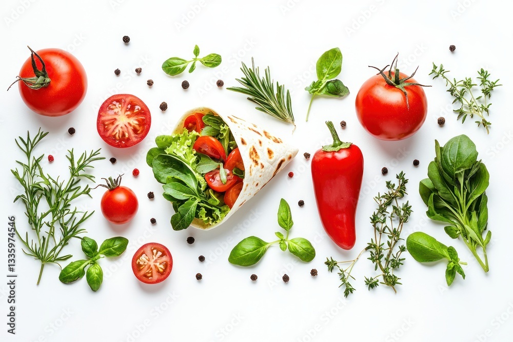 Vibrant Flat Lay of Healthy Wrap with Fresh Vegetables, Tomatoes, Pepper, Basil and Aromatic Herbs on White Background Vibrant Flat Lay of Healthy Wrap with Fresh Vegetables, Tomatoes, Pepper, Basil and Aromatic Herbs on White Background