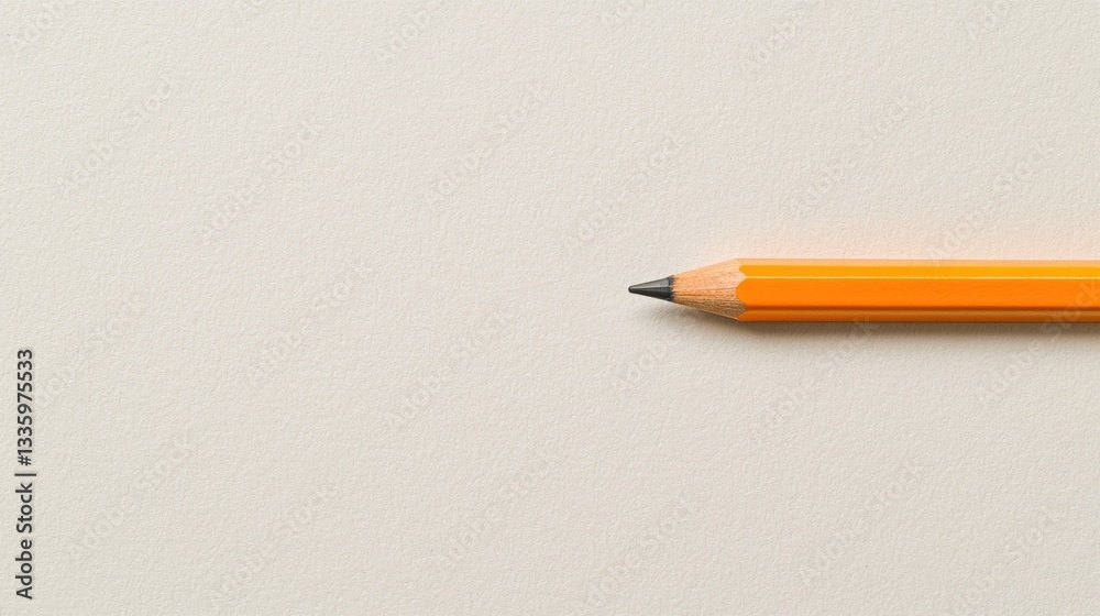 A single orange pencil with a black eraser rests on a white surface. A single orange pencil with a black eraser rests on a white surface.