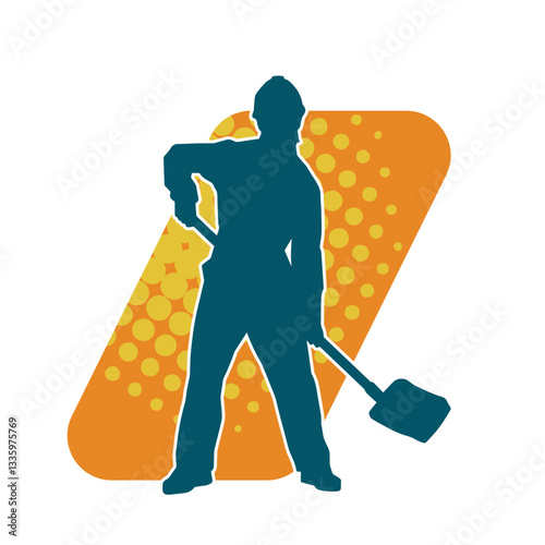 Silhouette of a worker carrying shovel tool. Silhouette of a worker in action pose using shovel tool.