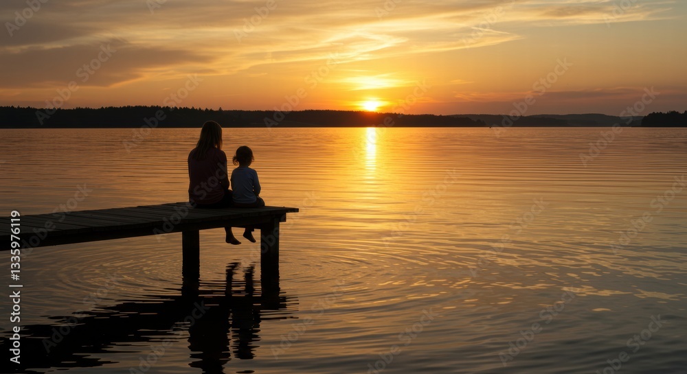 Fototapeta premium Silhouette of a mother and her child enjoying the sunset on the edge of a lake