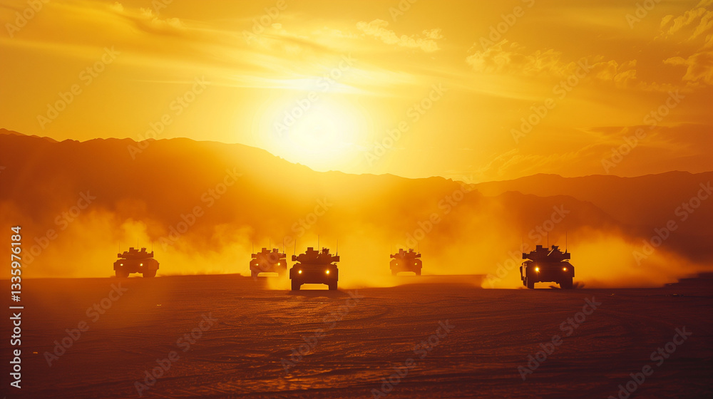 HMMWV vehicles advancing through desert at sunset, dust swirling around. HMMWV vehicles advancing through desert at sunset, dust swirling around.
