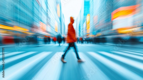 Casual walker in bustling city, stylish person in vibrant red jacket crossing busy street, energetic urban atmosphere.