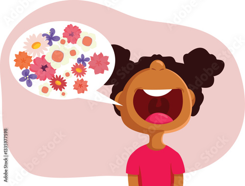 Little Girl with Speech Bubble Full of Flowers Vector Character. Cheerful kid speaking and communicating in a polite manner 
