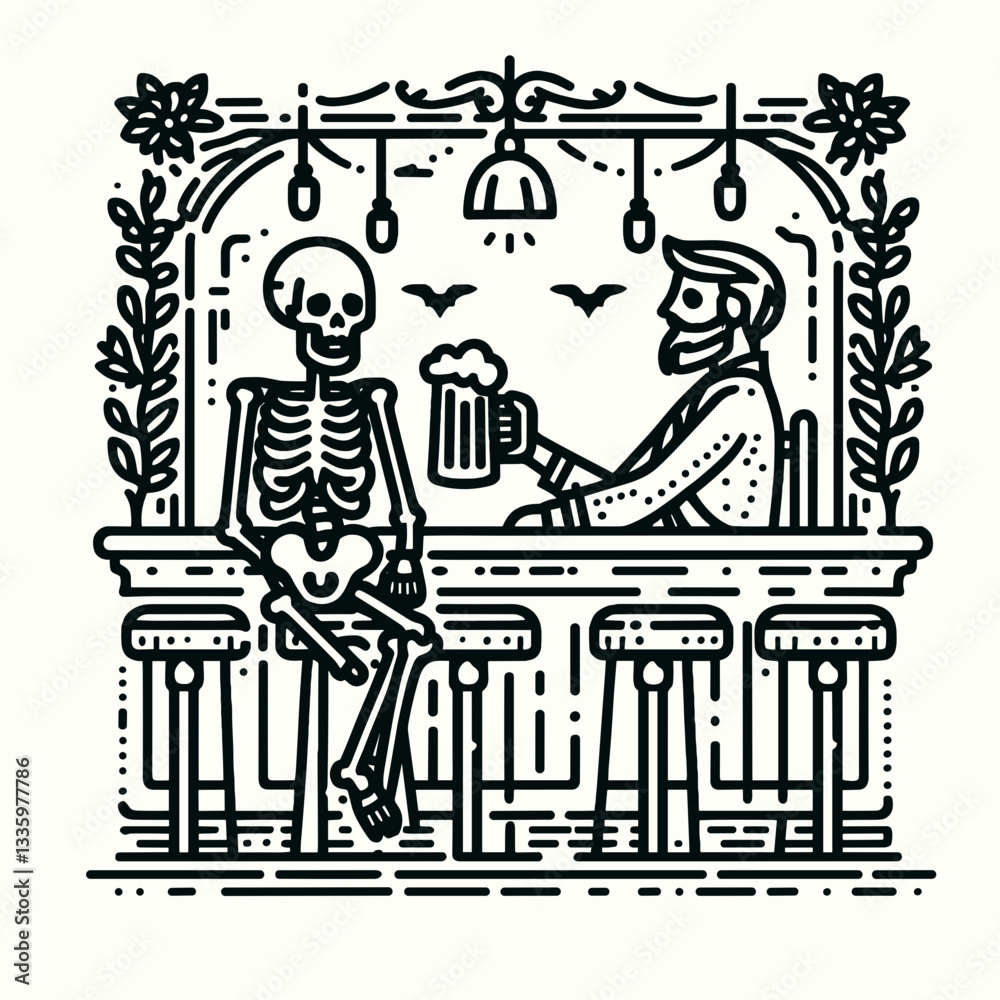 Skeleton with a beer stein in a haunted pub flat design vector illustration showing a spooky monochrome minimalist graphic of a bony drinker