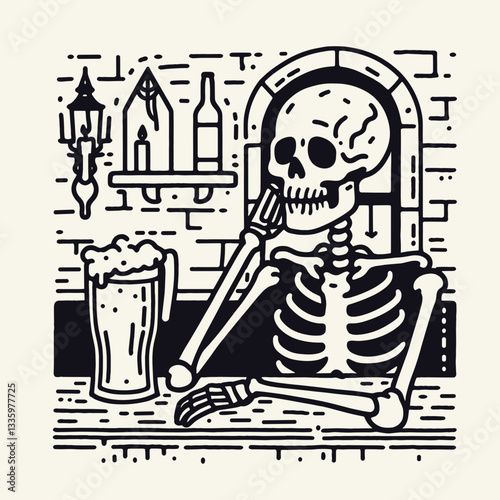 Skeleton with a pint of beer in a haunted tavern flat design vector illustration depicts a spooky pub scene minimalist style