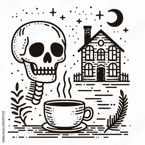 Skeleton with a cup of hot coffee a haunted house behind flat design minimalist vector illustration depicts spooky autumn vibes