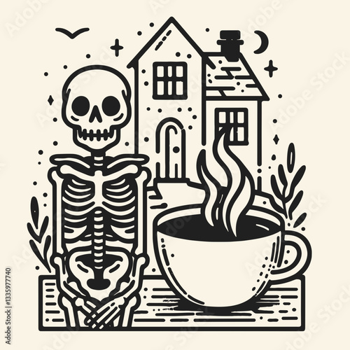 Skeleton with a cup of hot coffee a haunted house behind flat design vector illustration depicts a spooky yet cozy scene