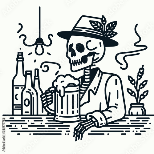 Skeleton with a beer stein in a haunted pub flat design vector illustration depicting a spooky tavern scene
