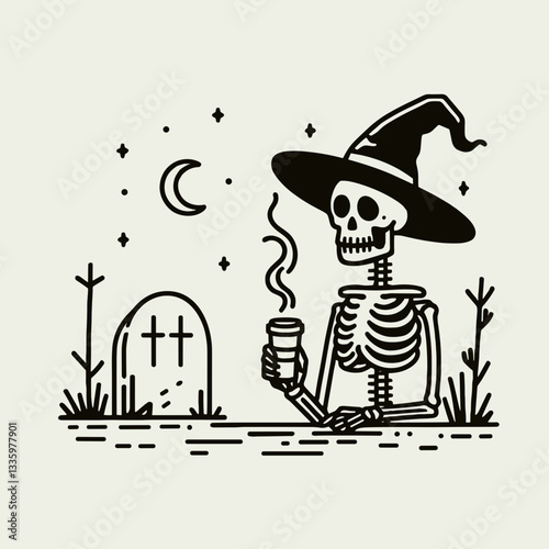 Skeleton wearing witch hat near a coffee cup in a creepy graveyard minimalist vector illustration depicts spooky autumn vibes