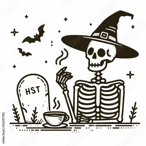 Skeleton wearing witch hat near a coffee cup in a creepy graveyard a simple vector outline illustration depicts spooky autumn vibes