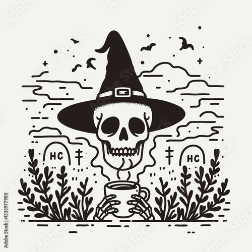 Skeleton wearing witch hat with coffee cup in misty graveyard background simple vector illustration for a spooky autumn design