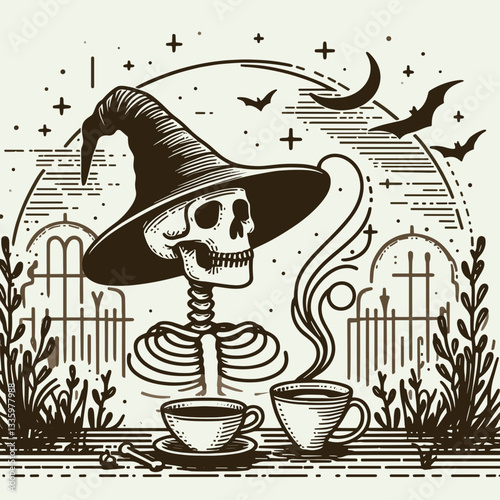 Skeleton wearing a witch hat with a coffee cup in a misty graveyard—create a simple vector illustration