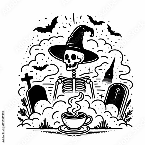 Skeleton wearing a witch hat with a coffee cup in misty graveyard surroundings a simple flat design vector illustration
