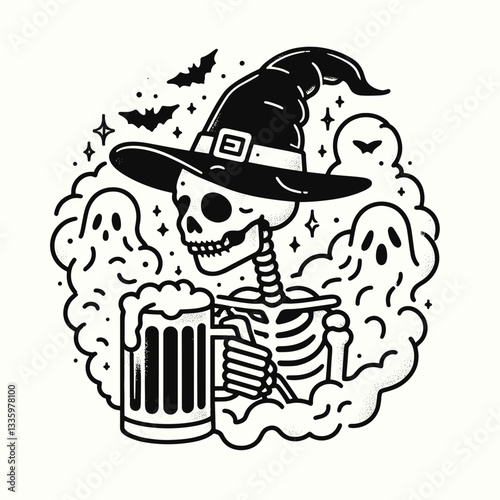 Skeleton wearing a witch hat with a beer mug surrounded by ghostly fog a clean and clear flat design vector illustration depicting spooky autumn vibes