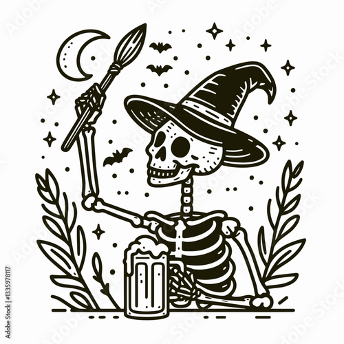 Skeleton wearing witch hat with a beer mug in a Halloween themed setting clean clear flat design illustration vector graphic shows spooky autumnal fun