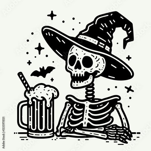 Skeleton wearing witch hat with a beer mug in a Halloween themed setting creates a simple monochrome vector illustration of spooky fun