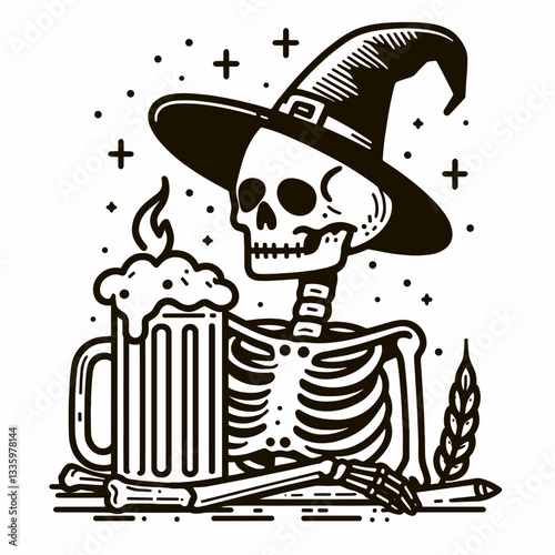 Skeleton wearing witch hat holding beer mug in a Halloween setting a simple monochrome vector illustration