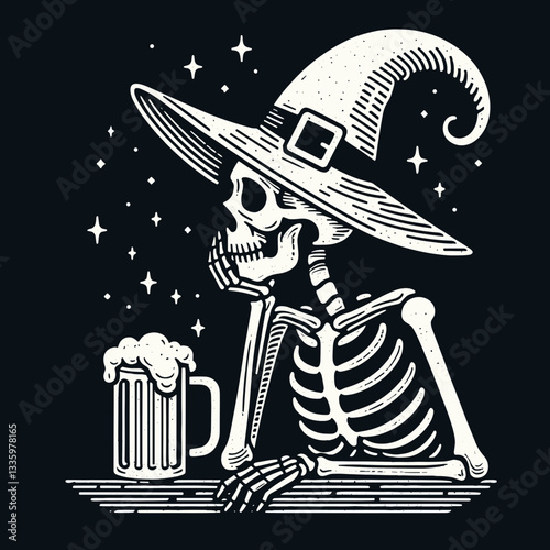 Skeleton wearing a witch hat with a beer mug in a dark eerie bar a simple vector illustration depicts a spooky pub scene