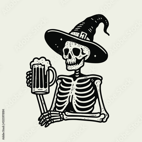 Skeleton wearing a witch hat with a beer mug in a dark eerie bar a simple flat design vector illustration depicts spooky tavern fun