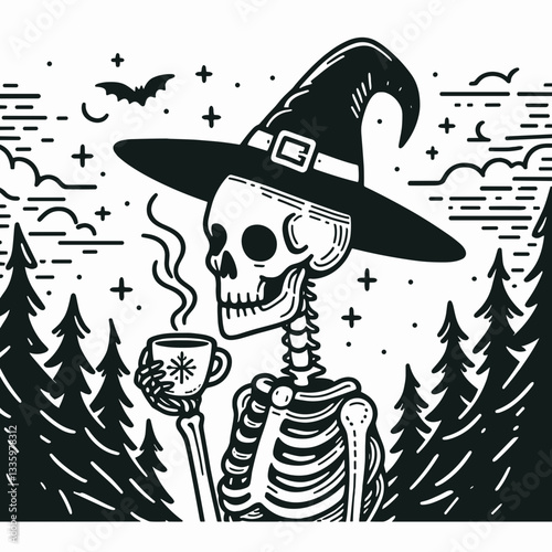 Skeleton wearing a witch hat sips coffee before a foggy eerie forest a minimalist vector illustration depicting spooky autumn vibes