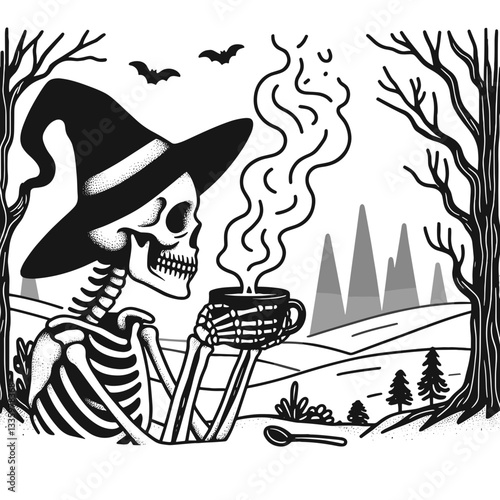 Skeleton wearing a witch hat sips coffee before a foggy eerie forest a simple monochrome vector illustration depicting spooky autumnal vibes