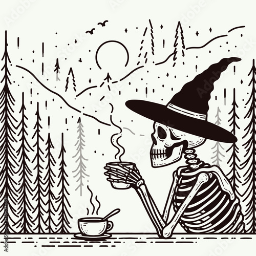 Skeleton wearing a witch hat sips coffee before a foggy eerie forest a simple flat design vector illustration depicts spooky autumn vibes