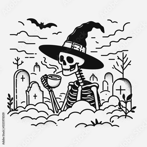 Skeleton wearing a witch hat sipping coffee in a foggy graveyard a simple minimalist vector outline illustration depicts spooky autumn vibes