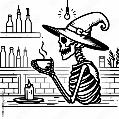 Skeleton wearing a witch hat sipping coffee in a dimly lit Halloween café a minimalist vector outline drawing