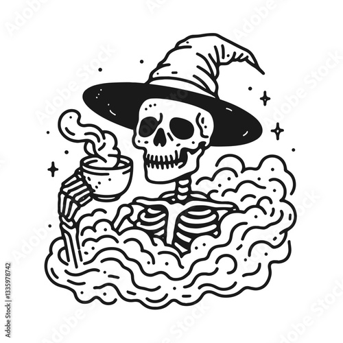 Skeleton wearing witch hat holding a teacup amidst foggy mist a simple flat design vector illustration depicts a spooky autumnal scene