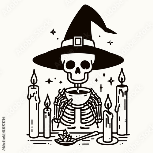 Skeleton wearing a witch hat holding a teacup with floating candles a clean clear flat design vector illustration depicts spooky autumnal charm