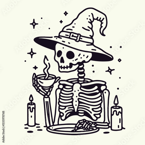 Skeleton wearing witch hat holding a tea cup with floating candles clean clear flat design vector illustration shows spooky autumn charm