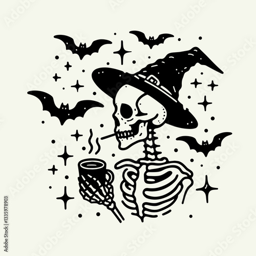 Skeleton wearing a witch hat holding a coffee cup with eerie bats flying around a clean clear flat design vector illustration depicts a spooky autumn scene