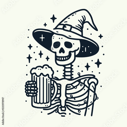 Skeleton wearing witch hat holding a beer with eerie Halloween lights—create a simple monochrome vector illustration