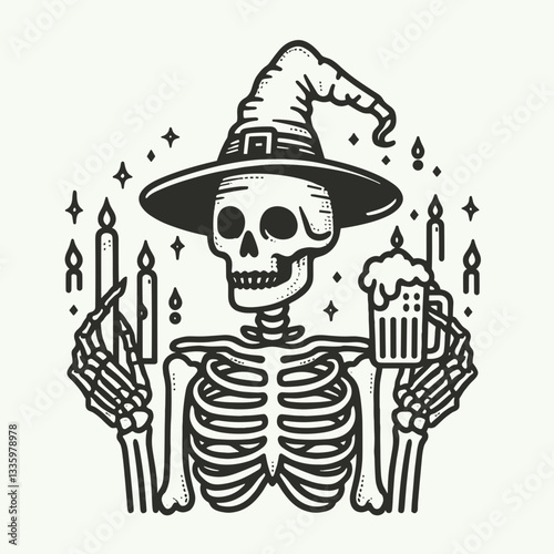 Skeleton wearing witch hat holding a beer with eerie Halloween lights creates a simple monochrome vector illustration
