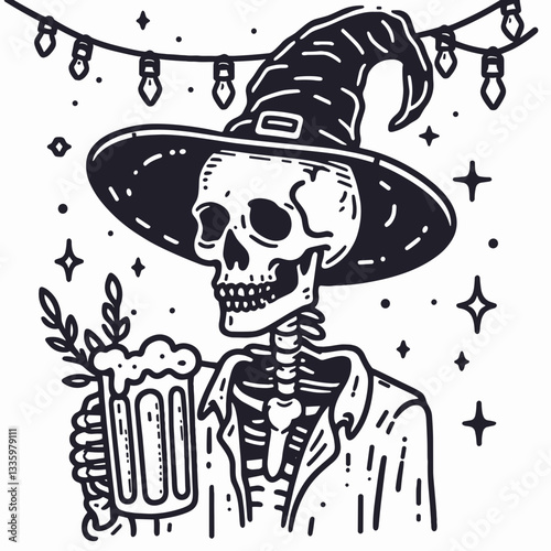 Skeleton wearing a witch hat holding a beer mug with spooky Halloween lights clean and clear flat design vector illustration showing a spooky brew