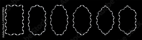 Set of exquisite silver frames with wavy lines and patterns. Fashionable vintage ornate frames for wedding invitations, greeting cards, prints.