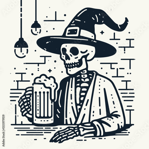 Skeleton wearing a witch hat holding a beer mug in a dimly lit pub a simple flat design vector illustration depicts spooky tavern fun