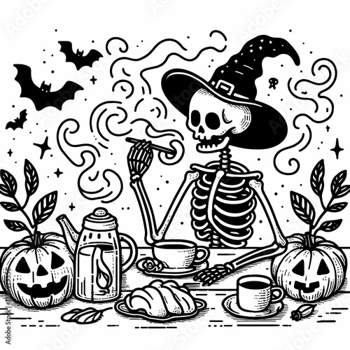 Skeleton wearing a witch hat enjoys tea with pumpkins and creepy decorations a clean clear flat design vector illustration of spooky autumn fun