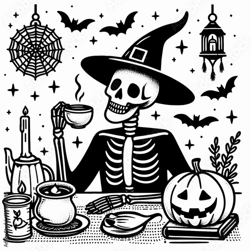 Skeleton wearing a witch hat enjoys tea with pumpkins and creepy decorations a simple flat design vector illustration of autumnal spooky fun