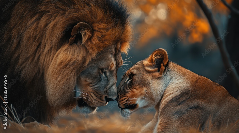 Naklejka premium Lion couple, close-up, African savanna, intimate moment, wildlife, possible use for nature lovers or conservation organizations