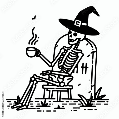 Skeleton wearing a witch hat enjoys coffee on a tombstone a simple vector outline illustration depicts spooky autumnal vibes