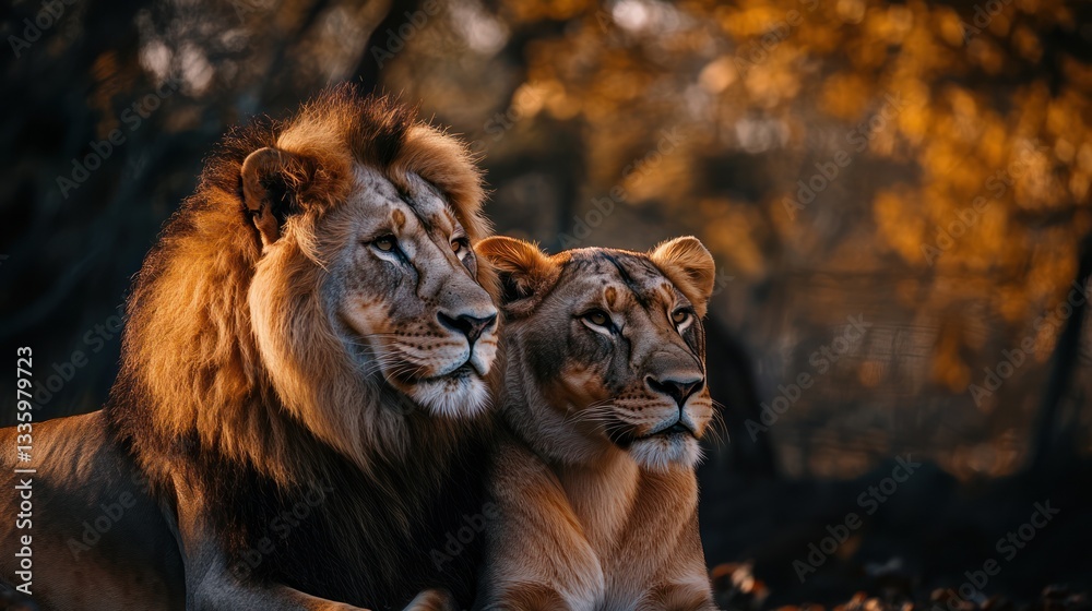 Majestic lions in a golden savanna; wildlife portrait; nature's beauty; perfect for animal lovers, backgrounds, or nature publications. Majestic lions in a golden savanna; wildlife portrait; nature's beauty; perfect for animal lovers, backgrounds, or nature publications.