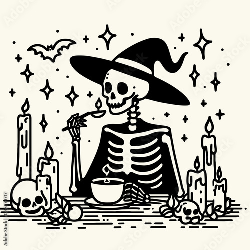 Skeleton wearing witch hat drinking tea with floating candles spooky lighting create a simple monochrome vector illustration of this whimsical scene