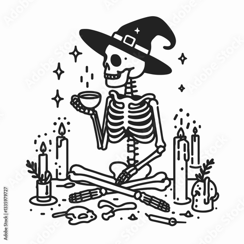 Skeleton wearing witch hat drinks tea with floating candles spooky lighting flat design vector illustration create a Halloween scene
