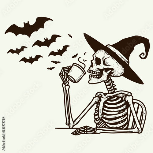 Skeleton wearing witch hat drinking coffee while bats fly overhead a minimalist vector illustration of spooky autumn vibes