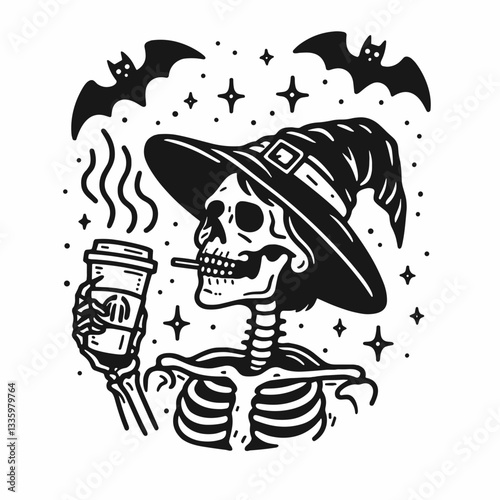 Skeleton wearing a witch hat drinks coffee while bats fly overhead a simple flat design vector illustration