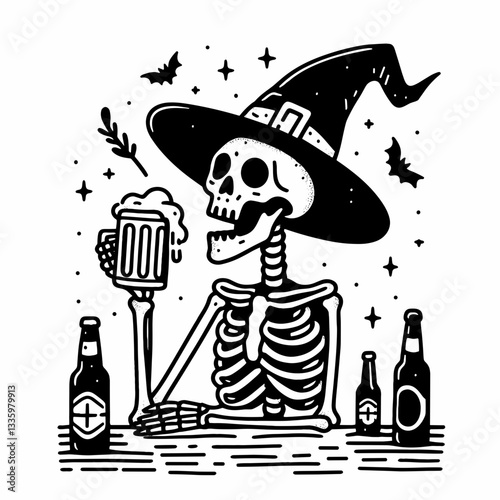 Skeleton wearing a witch hat drinks beer in a spooky tavern a simple monochrome vector illustration depicting a spooky pub scene