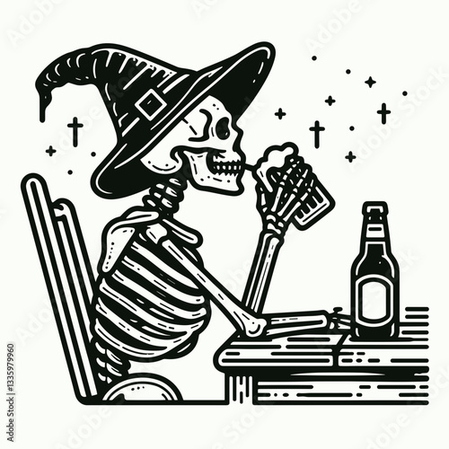 Skeleton wearing witch hat drinking beer in a spooky tavern a simple flat design vector illustration of a spectral pub patron