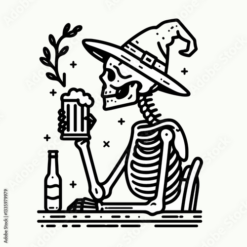 Skeleton wearing a witch hat drinks beer in a spooky tavern a simple vector outline illustration depicting a ghostly pub scene