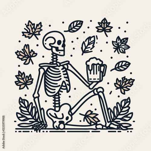 Skeleton sitting with a beer mug surrounded by autumn leaves flat design illustration create a simple monochrome vector graphic of a spooky autumnal scene